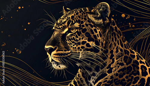 Luxury gold leopard portrait on black background, symbolizing power, elegance and strength. Premium animal illustration for branding, posters, luxury design, fashion, motivation and modern wall art.