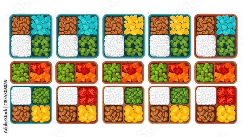 Seamless pattern of colorful bento boxes with rice and vegetables in isometric style