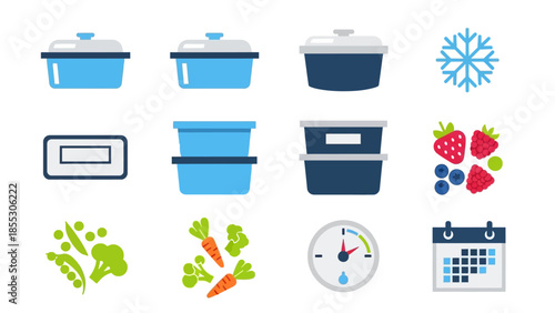 Kitchen storage and food preservation icons in modern flat design