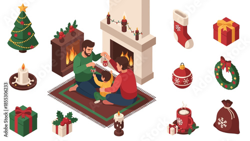 Cozy family christmas scene with fireplace and holiday decor in isometric style