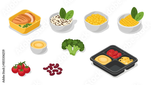 Isometric meal prep with vegetables and grains in containers