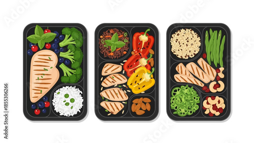Healthy meal prep: colorful bento box with grilled chicken and vegetables
