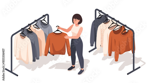 Woman choosing sweater from clothing rack in isometric style