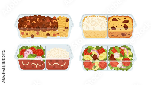 Assorted meal prep containers featuring pasta, rice, and fresh salads in flat design