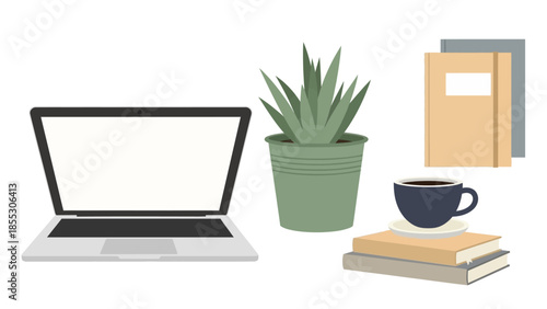 Minimalist workspace with laptop, coffee, and books for a productive day