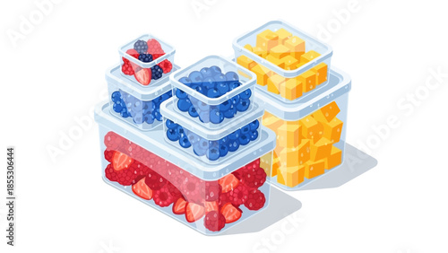 Isometric food storage containers with fresh berries and cheese cubes