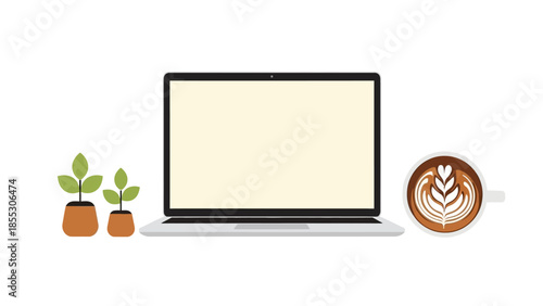 Minimalist workspace with laptop, plants, and coffee on white background