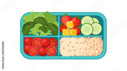 Colorful lunchbox with fresh vegetables, fruits, cheese, and grains in flat design
