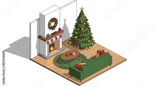 Festive living room with christmas tree and fireplace in isometric design