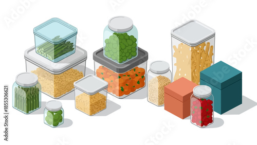 Modern kitchen storage containers in isometric style for organized pantry solutions