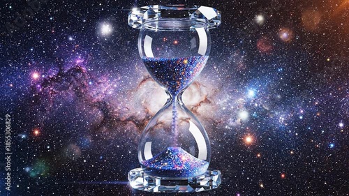 Shiny glass hourglass in outer space with vivid nebula and star field, futuristic time travel and countdown concept, surreal cosmic background with flowing sand and reflections.