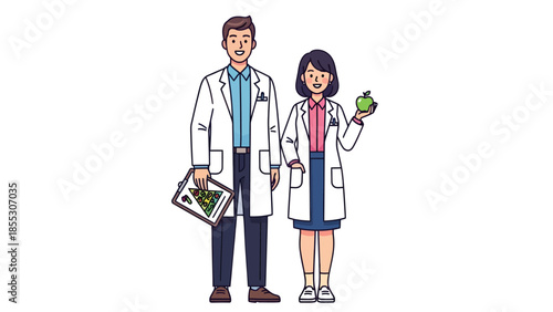 Professional duo in lab coats standing together holding various scientific tools and documents in a clinical environment
