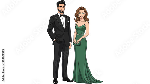 Couple standing together in formal attire on a white background