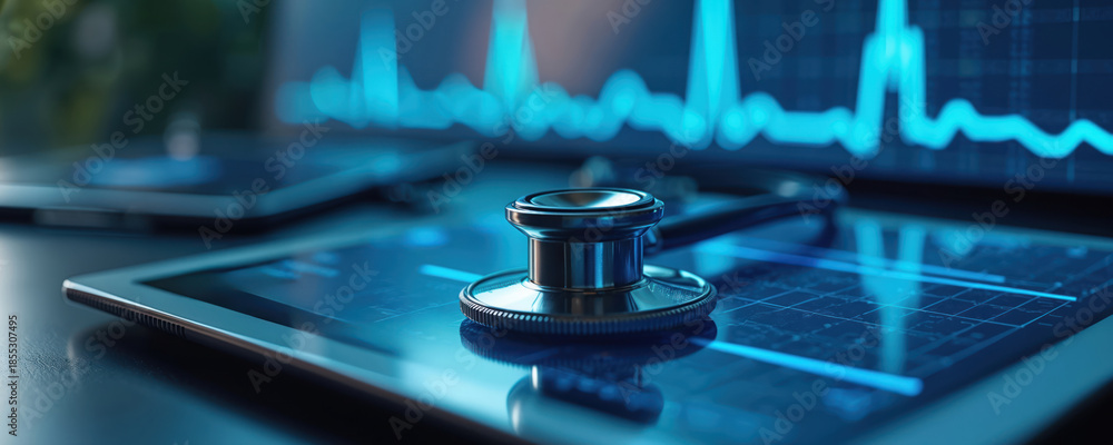 Fototapeta premium Doctor uses stethoscope on tablet showing heart beat graph. Digital health device displays ECG wave. Modern cardiology diagnostic equipment. Future med tech analysis.