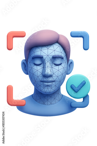3d face scan with verification checkmark and focus frame on transparent background