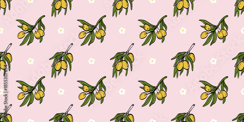 Olive tree seamless background featuring simple botanical outlines. Suitable for Italian and Greek food design, rustic packaging, and kitchen decor