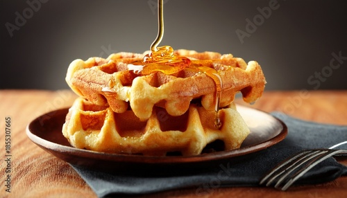 Delicious Belgian Waffle With Dripping Golden Syrup Close Up