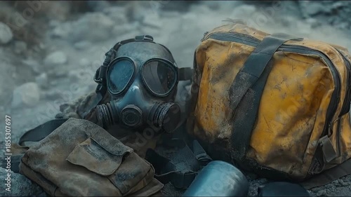 Survival gear laid out on rocky terrain with gas mask