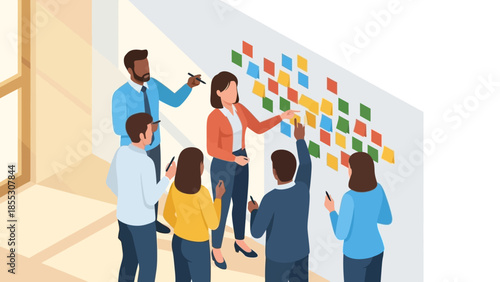 Collaborative team meeting with colorful sticky notes in modern office setting