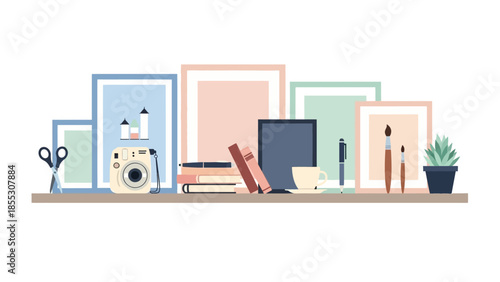 Creative workspace with art supplies and books on shelf in pastel colors