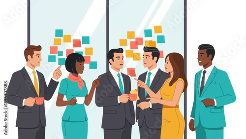 Team collaboration and brainstorming session in office with diverse professionals