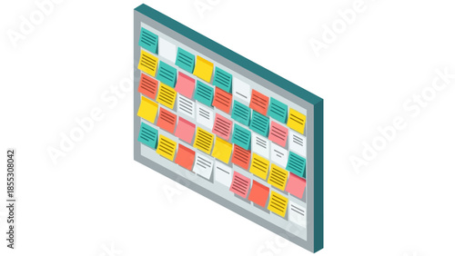 Isometric bulletin board filled with colorful notes and organizing tips
