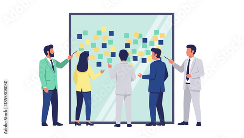 Team brainstorming session with business professionals using sticky notes on glass board in office