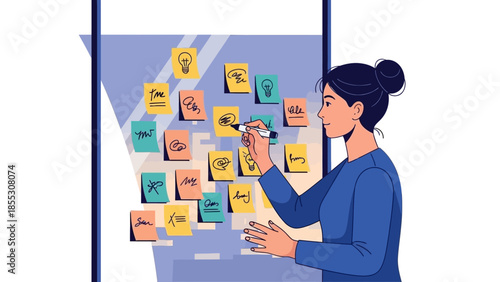 Creative brainstorming session with sticky notes on glass wall