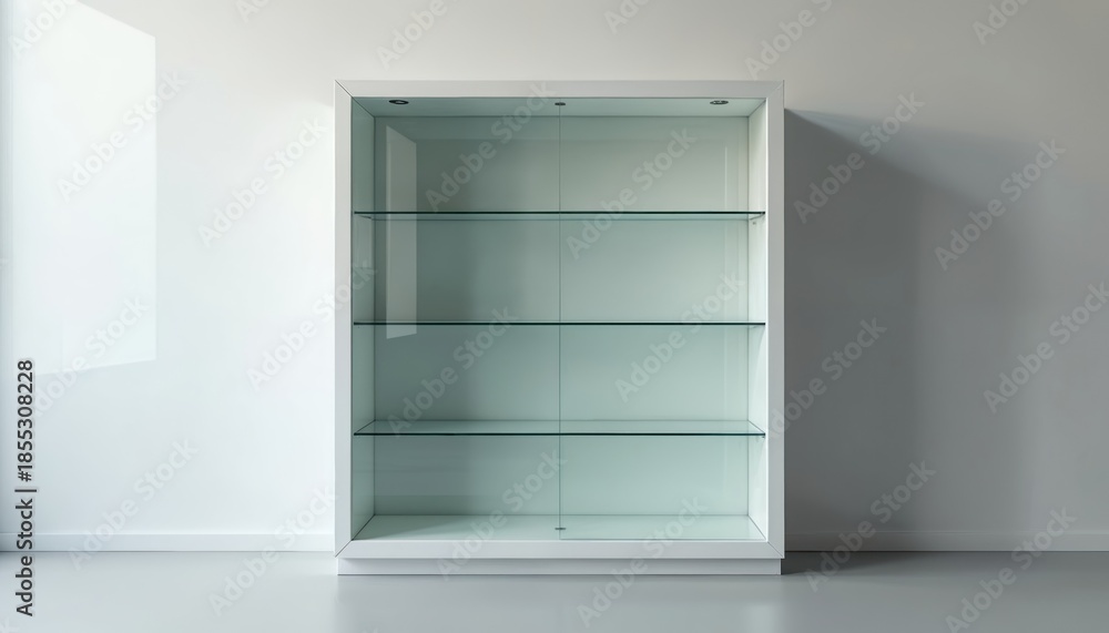 Fototapeta premium White display cabinet with glass shelves against plain wall. Empty modern furniture for retail stores or homes. Minimalist design object for product promotion and presentation.