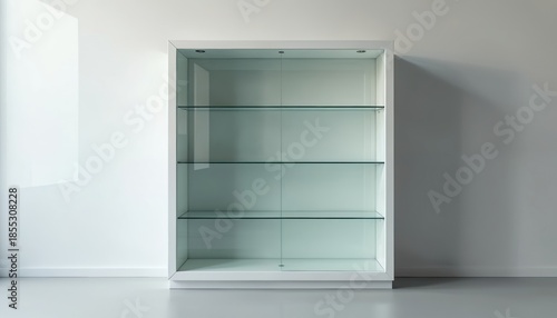 Wallpaper Mural White display cabinet with glass shelves against plain wall. Empty modern furniture for retail stores or homes. Minimalist design object for product promotion and presentation. Torontodigital.ca