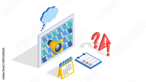 Isometric task management concept with calendar and checklist elements