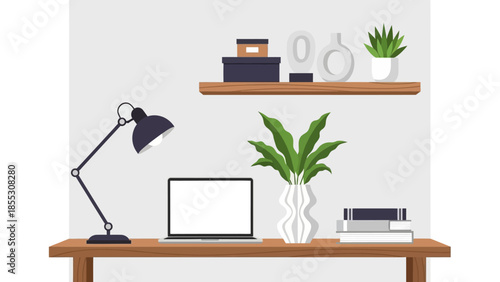 Modern home office workspace with laptop, desk lamp, and decorative plants on shelves