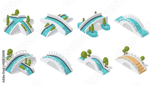 Isometric bridge variations over water with trees and pathways