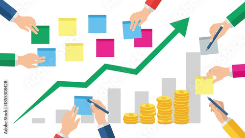 Team collaboration: hands arranging sticky notes and graphs with rising arrow and stacked coins