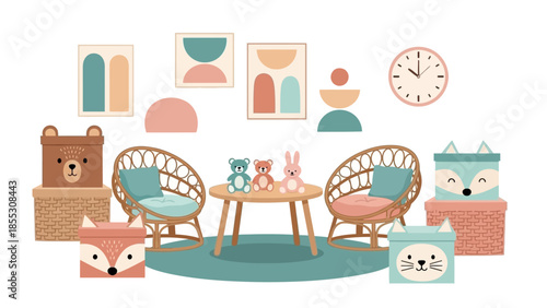 Cozy children's playroom with pastel decor and rattan furniture