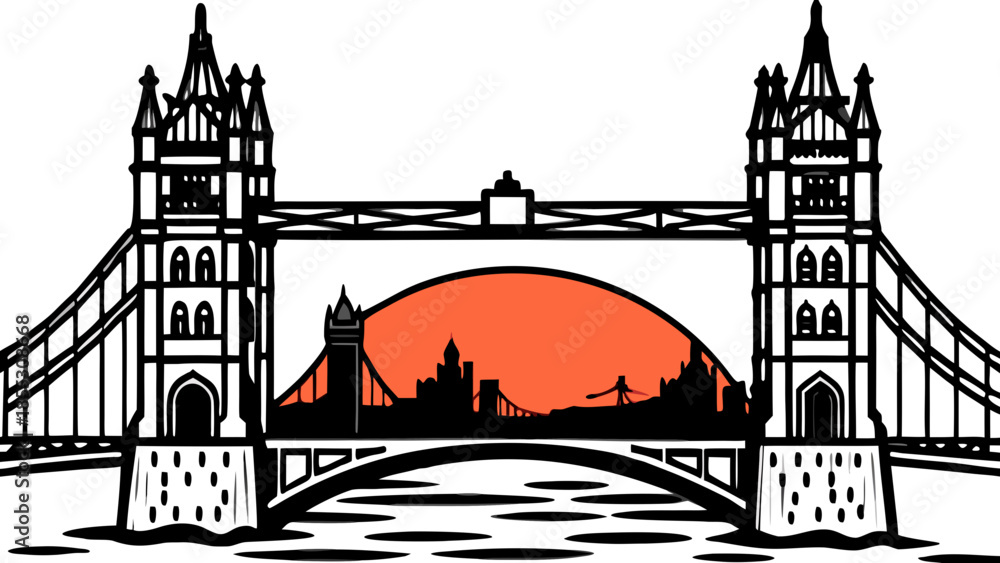 Naklejka premium Very beautiful dramatic deep-red sunset behind Tower Bridge, highlighting its Gothic towers and reflections on the River Thames, creating a powerful and atmospheric London cityscape.