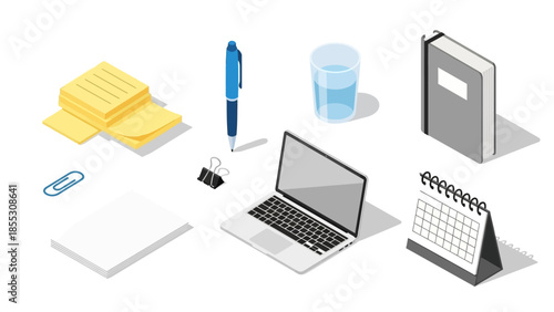 Essential office supplies in isometric style for modern workspaces