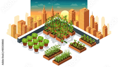 Urban rooftop garden at sunset with raised beds and vibrant cityscape