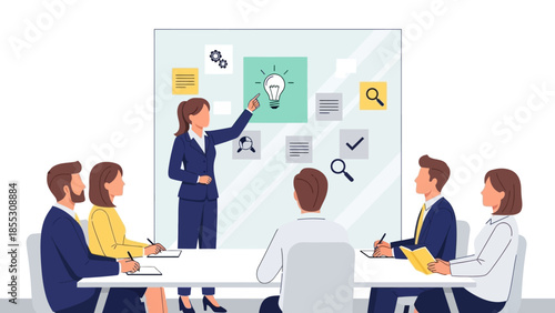 Business meeting with presentation on success strategies in flat design