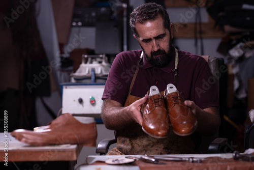 Shoemaker in a workshop holds polished brown leather shoes, preparing them for repair