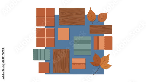 Autumnal geometric design with leaves and patterns on blue background