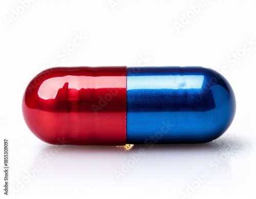 a single shiny red and blue capsule pill isolated on white background