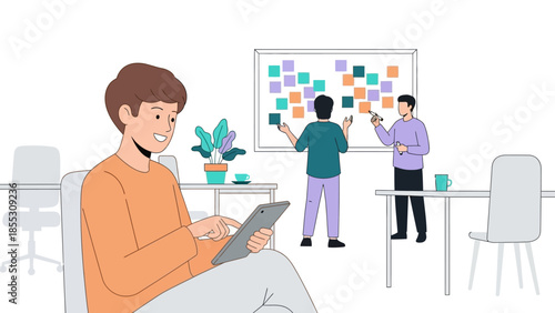 Collaborative office brainstorming with diverse team in modern workspace