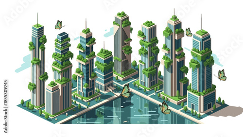 Isometric urban jungle: sustainable cityscape with vertical gardens and butterflies