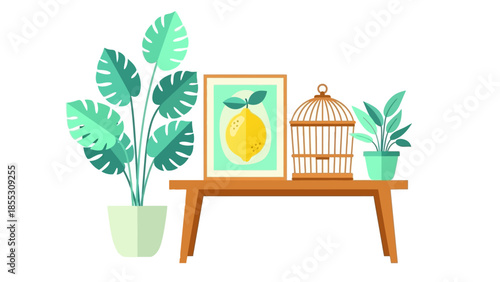 Modern flat design of indoor plants with lemon art and decorative birdcage on wooden table