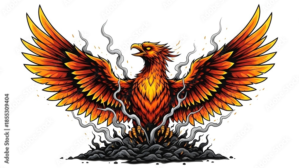 Fototapeta premium The majestic Phoenix bird in full glory, emerging from flames. The illustration shows this mythical creature with its wings spread and smoke around it, signifying rebirth and strength