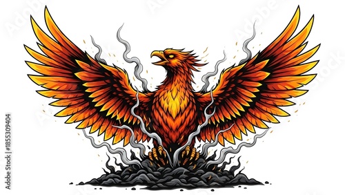 The majestic Phoenix bird in full glory, emerging from flames. The illustration shows this mythical creature with its wings spread and smoke around it, signifying rebirth and strength