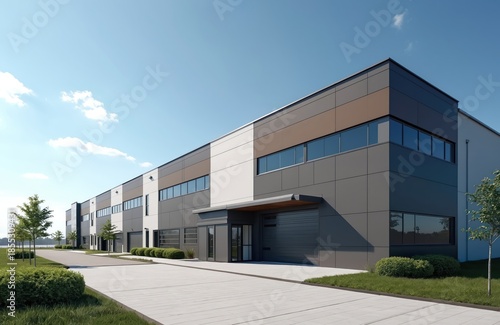 Modern warehouse building with sleek exterior panels, multiple loading bay doors. Features large windows, small office entry, set against bright blue sky with scattered clouds. Landscaping includes