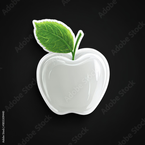 Modern Glossy White Apple Sticker with Green Leaf on Black Background