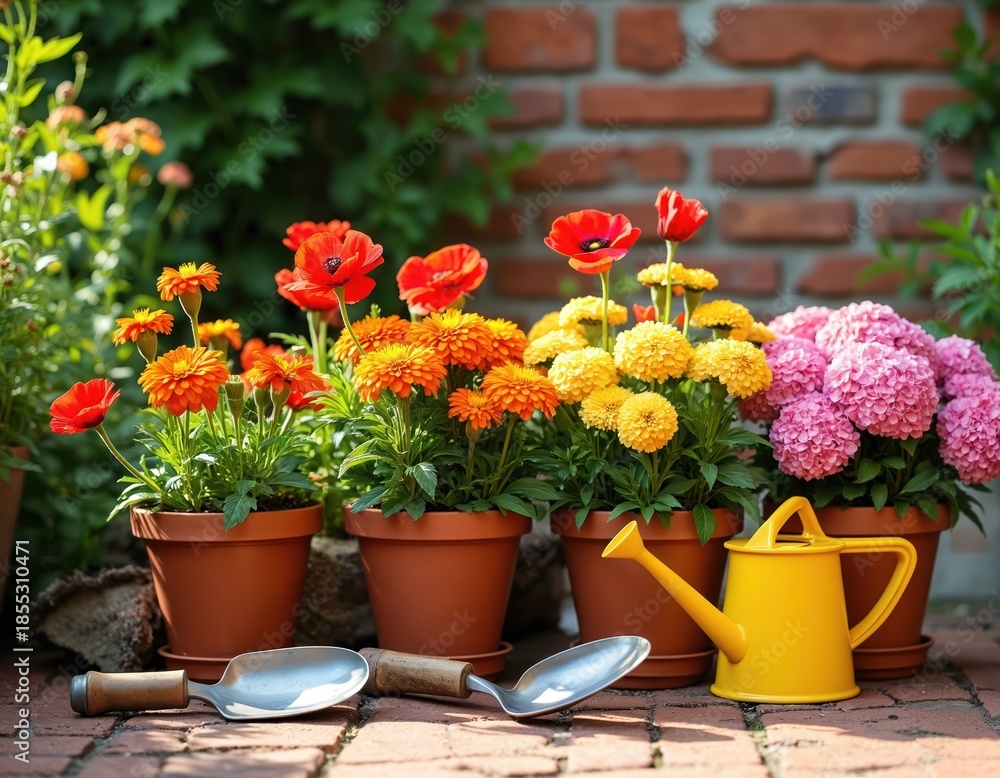 Naklejka premium Row of potted flowers including poppies, marigolds, hydrangeas in garden setting. Tools for gardening, trowel, watering, placed nearby. Sunny weather illuminates scene, vibrant colors of blooms,